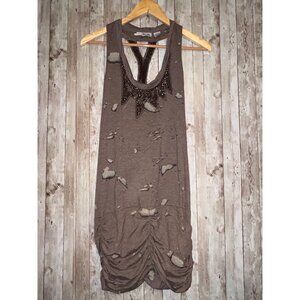 Miss Me Y2K Beaded Racerback Distressed Ruched Hem Tank Dress In Taupe Size M
